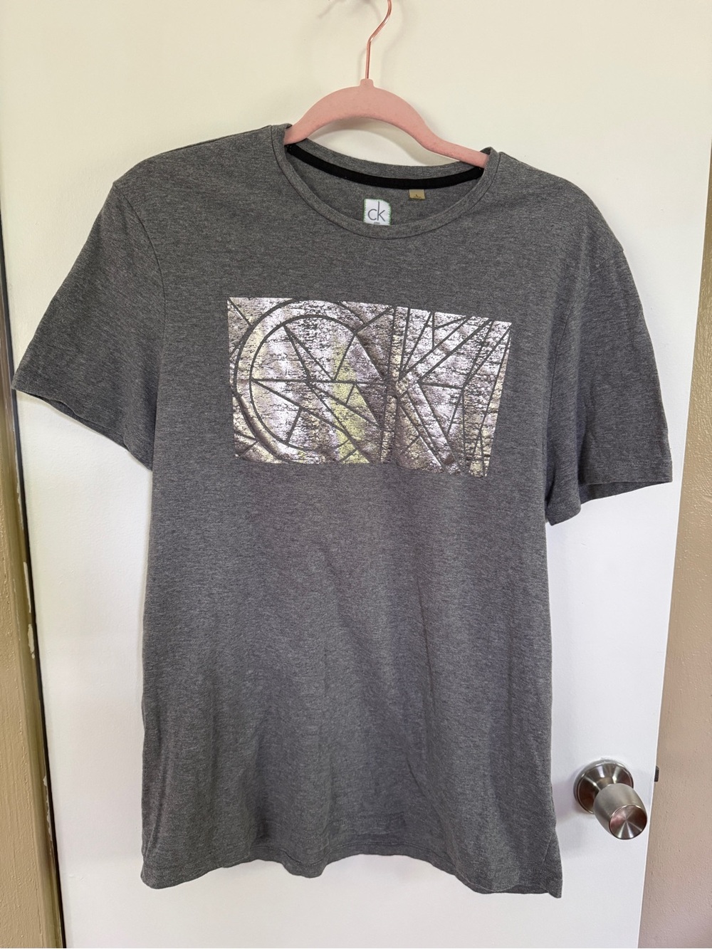 Calvin Klein Dark Gray Short-Sleeve Tee with Metallic CK Panel